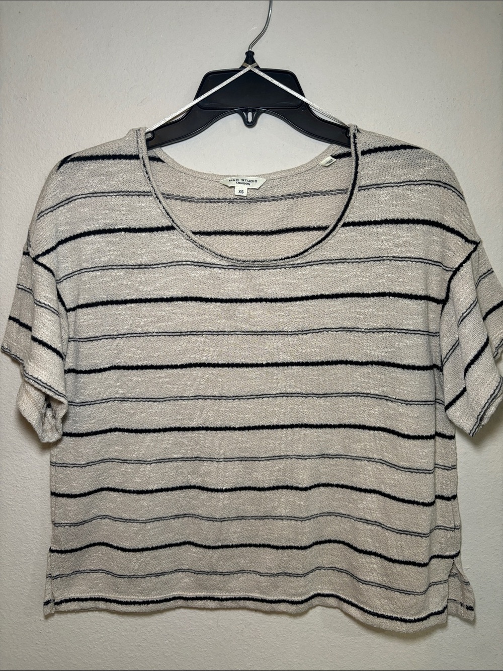 Max Studio Cream and Black Striped Short Sleeve Tee
